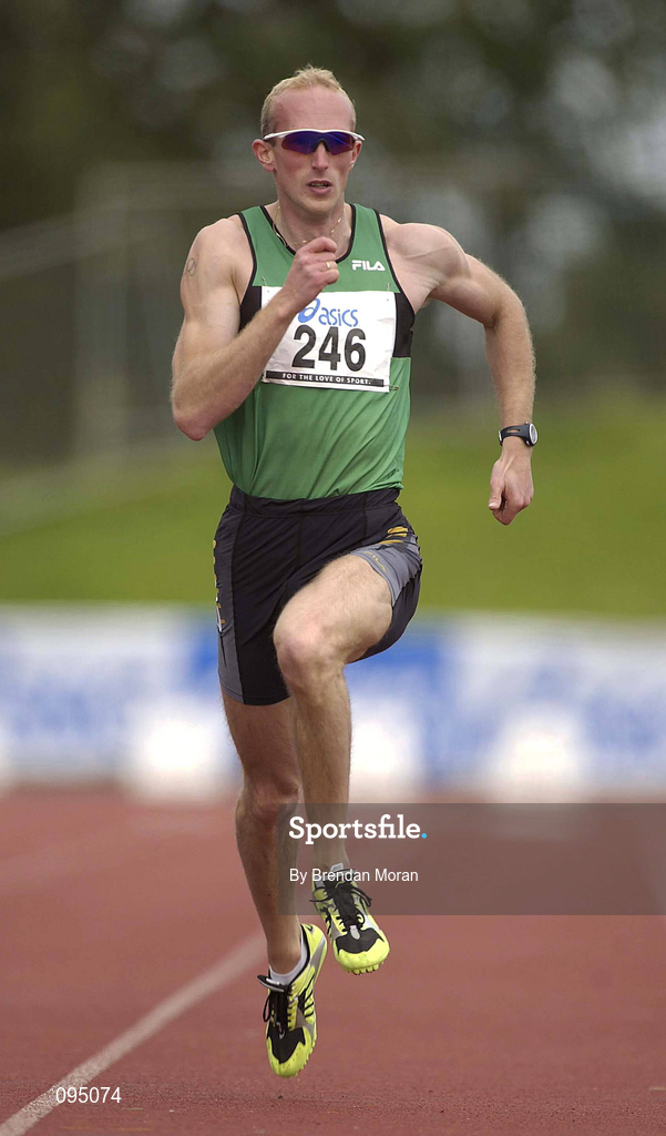 13 July 2002; Paul Brizzell of Ballymena and Antrim AC in action during the Men's 200m heats at the AAI National Track and Field Championships at the Morton Stadium in Santry, Dublin. Photo by Brendan Moran/Sportsfile