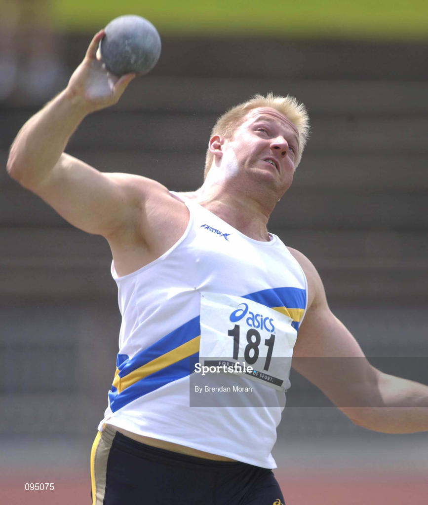 13 July 2002; Ian McMullan of Trafford AC in action during the Men's Shot Putt at the AAI National Track and Field Championships at the Morton Stadium in Santry, Dublin. Photo by Brendan Moran/Sportsfile