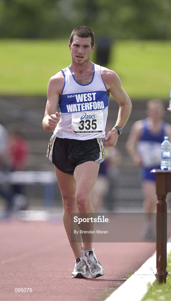 13 July 2002; Jamie Costin of West Waterford AC in action during the Men's 10000m walk at the AAI National Track and Field Championships at the Morton Stadium in Santry, Dublin. Photo by Brendan Moran/Sportsfile