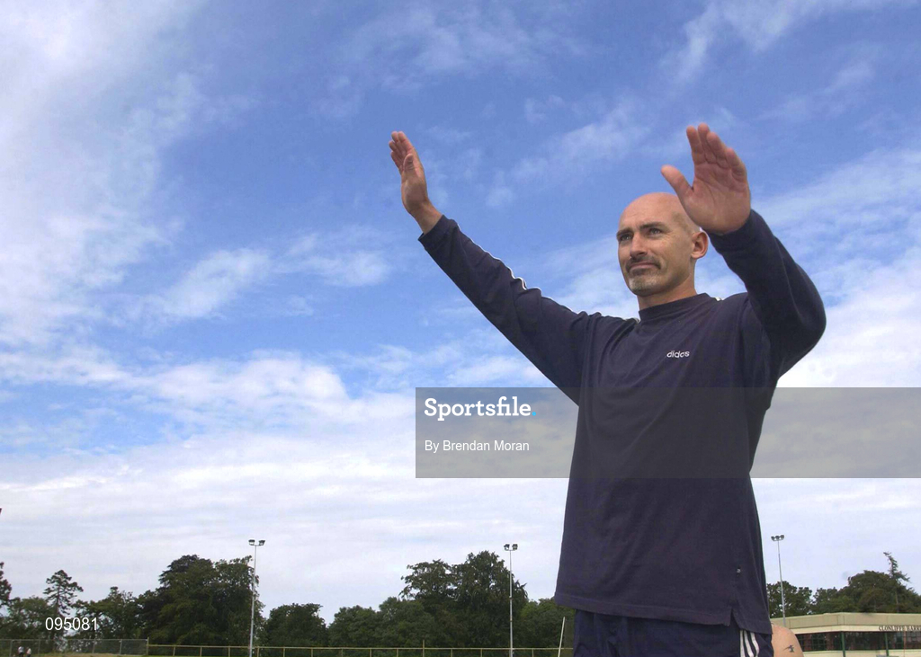 13 July 2002; Terry McHugh of Dublin City Harriers AC acknowledges the crowd's applause after winning the Men's Javelin title for a World Record 19th consecutive time at the AAI National Track and Field Championships at the Morton Stadium in Santry, Dublin. Photo by Brendan Moran/Sportsfile