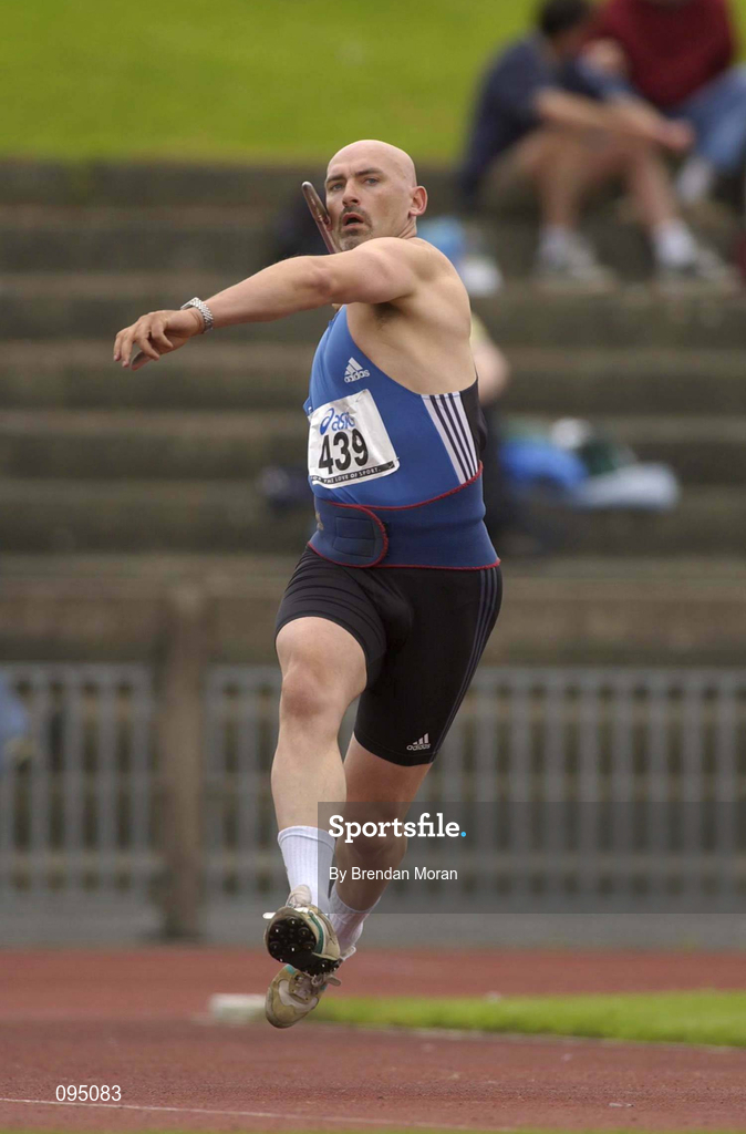 13 July 2002; Terry McHugh of Dublin City Harriers AC in action during the Men's Javelin, which he won for a World Record 19th consecutive time at the AAI National Track and Field Championships at the Morton Stadium in Santry, Dublin. Photo by Brendan Moran/Sportsfile