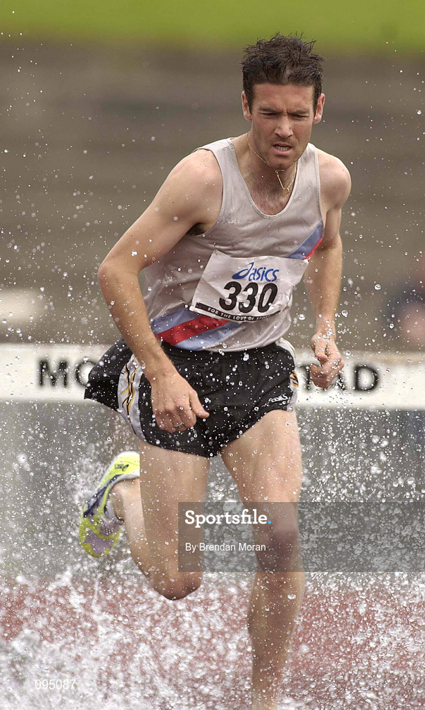 13 July 2002; Cormac Smith of Dundrum South Dublin AC, in action during the Men's 3000m Steeplechase final at the AAI National Track and Field Championships at the Morton Stadium in Santry, Dublin. Photo by Brendan Moran/Sportsfile