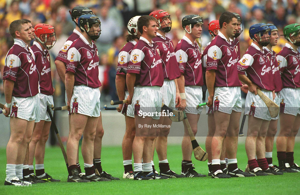 28 July 2002; The Galway team stand for the National Anthem before the Guinness All-Ireland Senior Hurling Championship Quarter-Final match between Clare and Galway at Croke Park. Photo by Ray McManus/Sportsfile