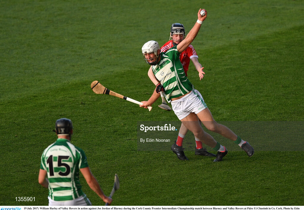 19 July 2017; William Hurley of Valley Rovers in action against Joe Jordan of Blarney during the Cork County Premier Intermediate Championship match between Blarney and Valley Rovers at Páirc Ui Chaoimh in Co. Cork. Photo by Eóin Noonan/Sportsfile