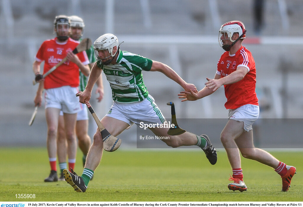 19 July 2017; Kevin Canty of Valley Rovers in action against Keith Costello of Blarney during the Cork County Premier Intermediate Championship match between Blarney and Valley Rovers at Páirc Ui Chaoimh in Co. Cork. Photo by Eóin Noonan/Sportsfile