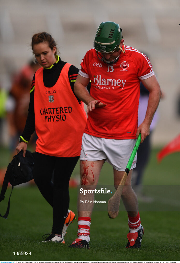 19 July 2017; Alan McEvoy of Blarney after sustaining an injury during the Cork County Premier Intermediate Championship match between Blarney and Valley Rovers at Páirc Ui Chaoimh in Co. Cork. Photo by Eóin Noonan/Sportsfile