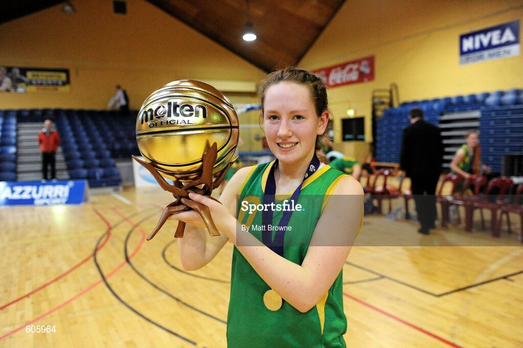22 March 2012; Laura Hogan, Clonaslee Vocational School, with her player of the match trophy. U16C Girls - All-Ireland Schools League Finals 2012, Aquinas Grammar, Belfast v Clonaslee Vocational School, Laois, National Basketball Arena, Tallaght, Dublin. Picture credit: Matt Browne / SPORTSFILE