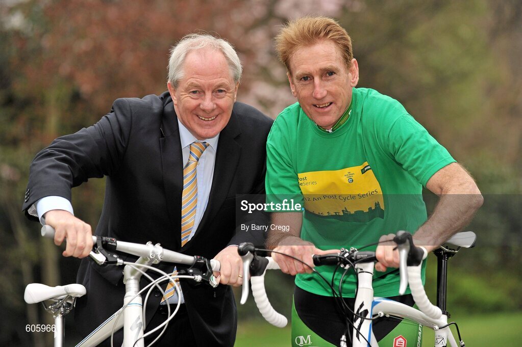 22 March 2012; Today the 2012 An Post Cycle Series in association with the Irish Sports Council was offically launched. In attendance at the launch are Minister of State for Tourism and Sport  Michael Ring TD, and An Post team manager Sean Kelly, right. Merrion Square Park, Dublin. Picture credit: Barry Cregg / SPORTSFILE