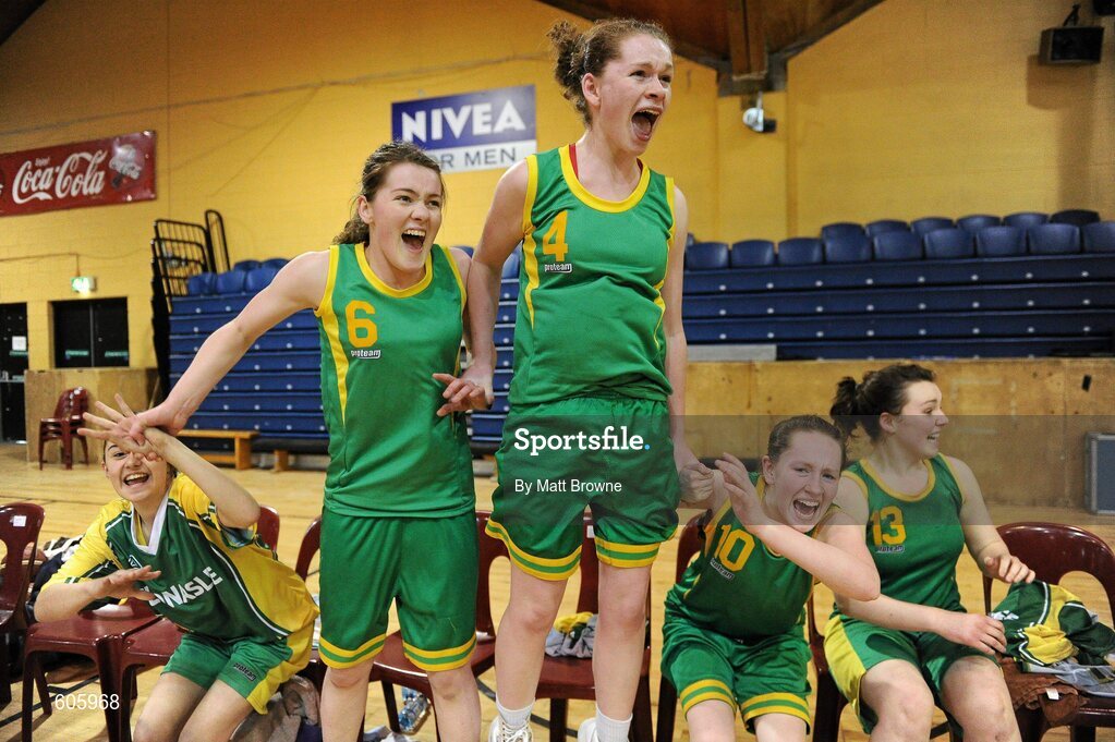 22 March 2012; Clonaslee Vocational School players, from left, Cassandra deKruiff, Sarah Rigney, Anne Hyland, Laura Hogan, and Ciara Kelly celebrate after the final whistle. U16C Girls - All-Ireland Schools League Finals 2012, Aquinas Grammar, Belfast v Clonaslee Vocational School, Laois, National Basketball Arena, Tallaght, Dublin. Picture credit: Matt Browne / SPORTSFILE