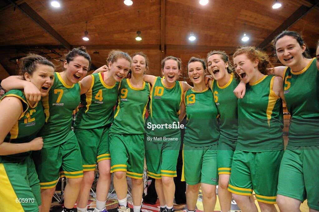 22 March 2012; Clonaslee Vocational School players celebrate after the final whistle. U16C Girls - All-Ireland Schools League Finals 2012, Aquinas Grammar, Belfast v Clonaslee Vocational School, Laois, National Basketball Arena, Tallaght, Dublin. Picture credit: Matt Browne / SPORTSFILE