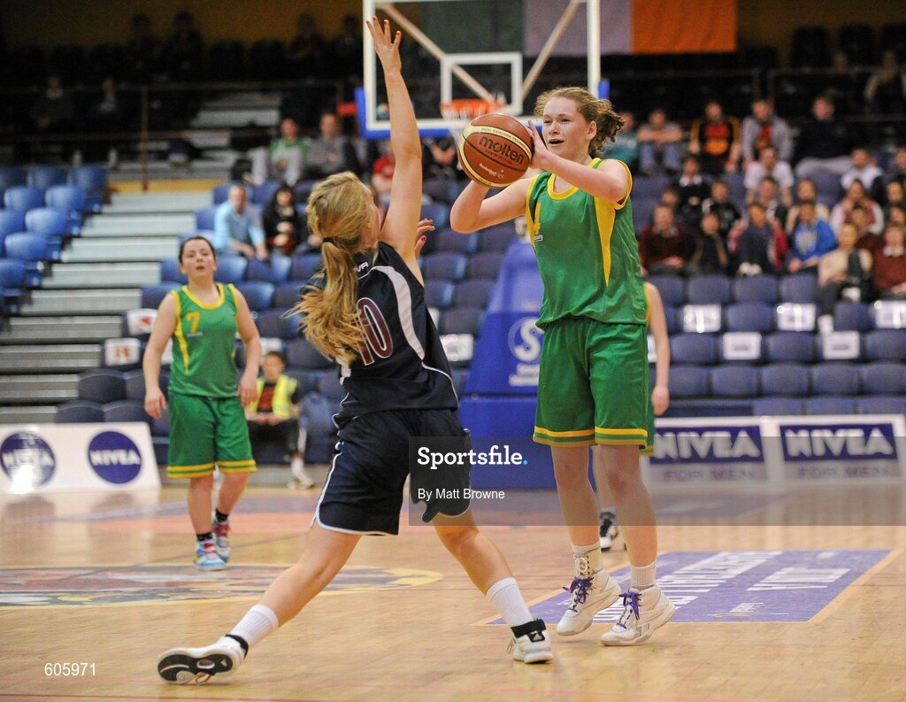 22 March 2012; Anne Hyland, Clonaslee Vocational School, in action against Olivia Boyle, Aquinas Grammar. U16C Girls - All-Ireland Schools League Finals 2012, Aquinas Grammar, Belfast v Clonaslee Vocational School, Laois, National Basketball Arena, Tallaght, Dublin. Picture credit: Matt Browne / SPORTSFILE