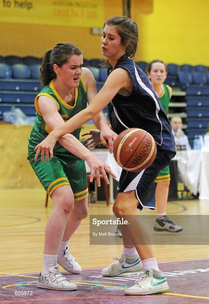 22 March 2012; Sarah Rigney, Clonaslee Vocational School, in action against Roisin Murray, Aquinas Grammar. U16C Girls - All-Ireland Schools League Finals 2012, Aquinas Grammar, Belfast v Clonaslee Vocational School, Laois, National Basketball Arena, Tallaght, Dublin. Picture credit: Matt Browne / SPORTSFILE