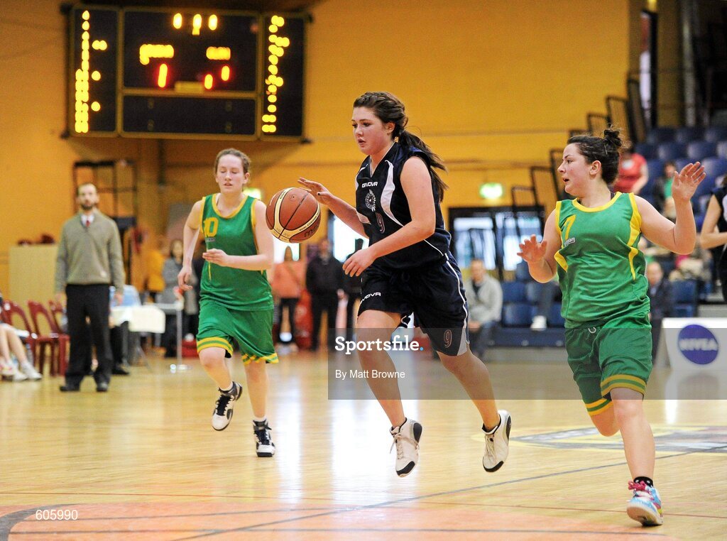 22 March 2012; Aislinn McFarland, Aquinas Grammar, in action against Heather Conroy, Clonaslee Vocational School. U16C Girls - All-Ireland Schools League Finals 2012, Aquinas Grammar, Belfast v Clonaslee Vocational School, Laois, National Basketball Arena, Tallaght, Dublin. Picture credit: Matt Browne / SPORTSFILE