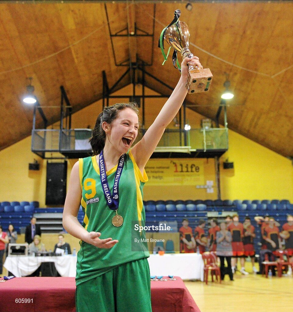 22 March 2012; Clonaslee Vocational School captain Meaghan Dunne lifts the cup. U16C Girls - All-Ireland Schools League Finals 2012, Aquinas Grammar, Belfast v Clonaslee Vocational School, Laois, National Basketball Arena, Tallaght, Dublin. Picture credit: Matt Browne / SPORTSFILE
