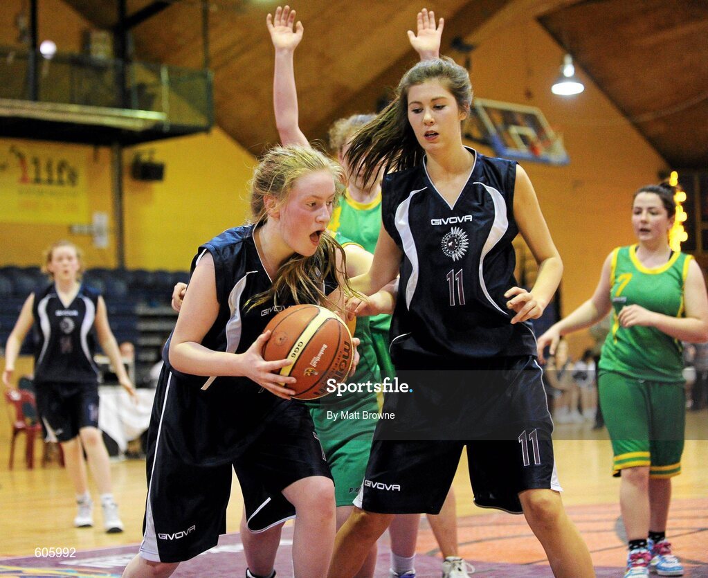 22 March 2012; Laoise Carey and Roisin Murray, 11, Aquinas Grammar, in action against Clonaslee Vocational School. U16C Girls - All-Ireland Schools League Finals 2012, Aquinas Grammar, Belfast v Clonaslee Vocational School, Laois, National Basketball Arena, Tallaght, Dublin. Picture credit: Matt Browne / SPORTSFILE
