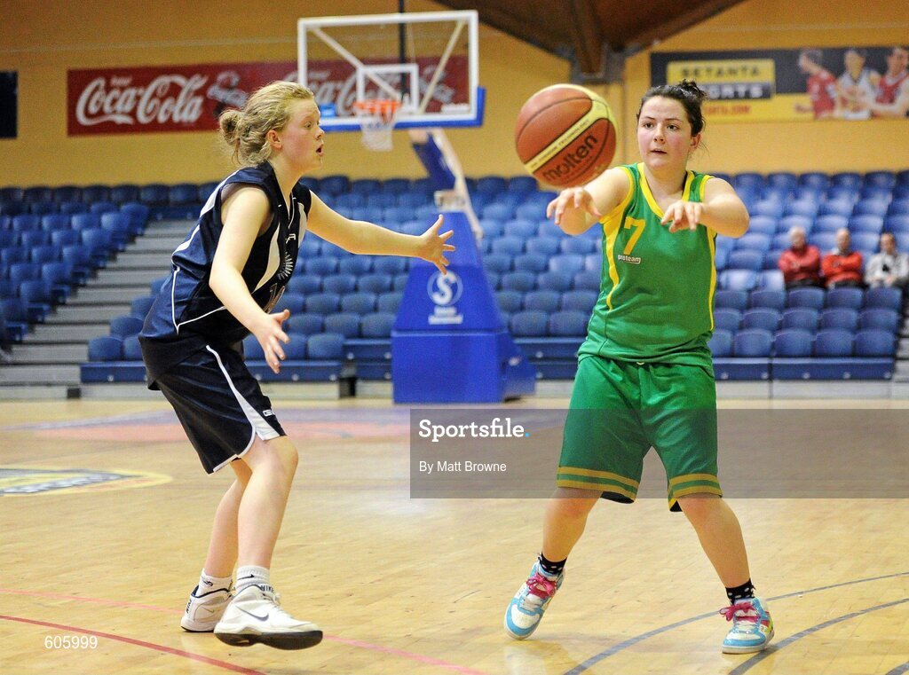 22 March 2012; Heather Conroy, Clonaslee Vocational School, in action against Sophie Short, Aquinas Grammar. U16C Girls - All-Ireland Schools League Finals 2012, Aquinas Grammar, Belfast v Clonaslee Vocational School, Laois, National Basketball Arena, Tallaght, Dublin. Picture credit: Matt Browne / SPORTSFILE