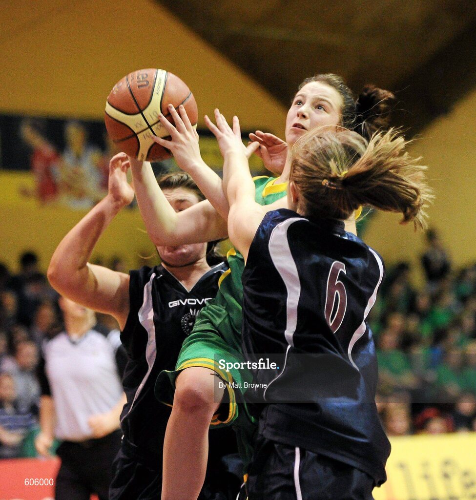 22 March 2012; Meaghan Dunne, Clonaslee Vocational School, in action against Aislinn McFarland and Joanne Madden-McKee, 6, Aquinas Grammar. U16C Girls - All-Ireland Schools League Finals 2012, Aquinas Grammar, Belfast v Clonaslee Vocational School, Laois, National Basketball Arena, Tallaght, Dublin. Picture credit: Matt Browne / SPORTSFILE