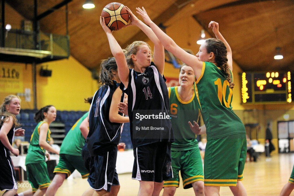 22 March 2012; Sophie Short, Aquinas Grammar, in action against Laura Hogan, 10, and Sarah Rigney, 6, Clonaslee Vocational School. U16C Girls - All-Ireland Schools League Finals 2012, Aquinas Grammar, Belfast v Clonaslee Vocational School, Laois, National Basketball Arena, Tallaght, Dublin. Picture credit: Matt Browne / SPORTSFILE