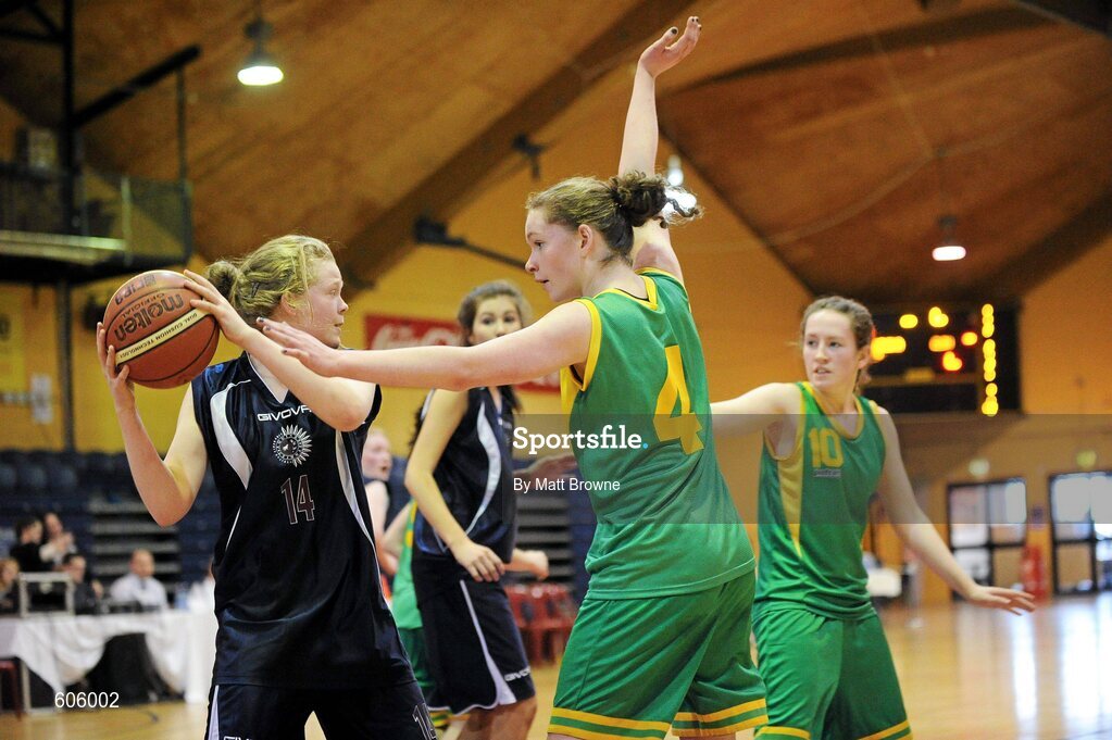 22 March 2012; Sophie Short, Aquinas Grammar, in action against Anne Hyland, Clonaslee Vocational School. U16C Girls - All-Ireland Schools League Finals 2012, Aquinas Grammar, Belfast v Clonaslee Vocational School, Laois, National Basketball Arena, Tallaght, Dublin. Picture credit: Matt Browne / SPORTSFILE
