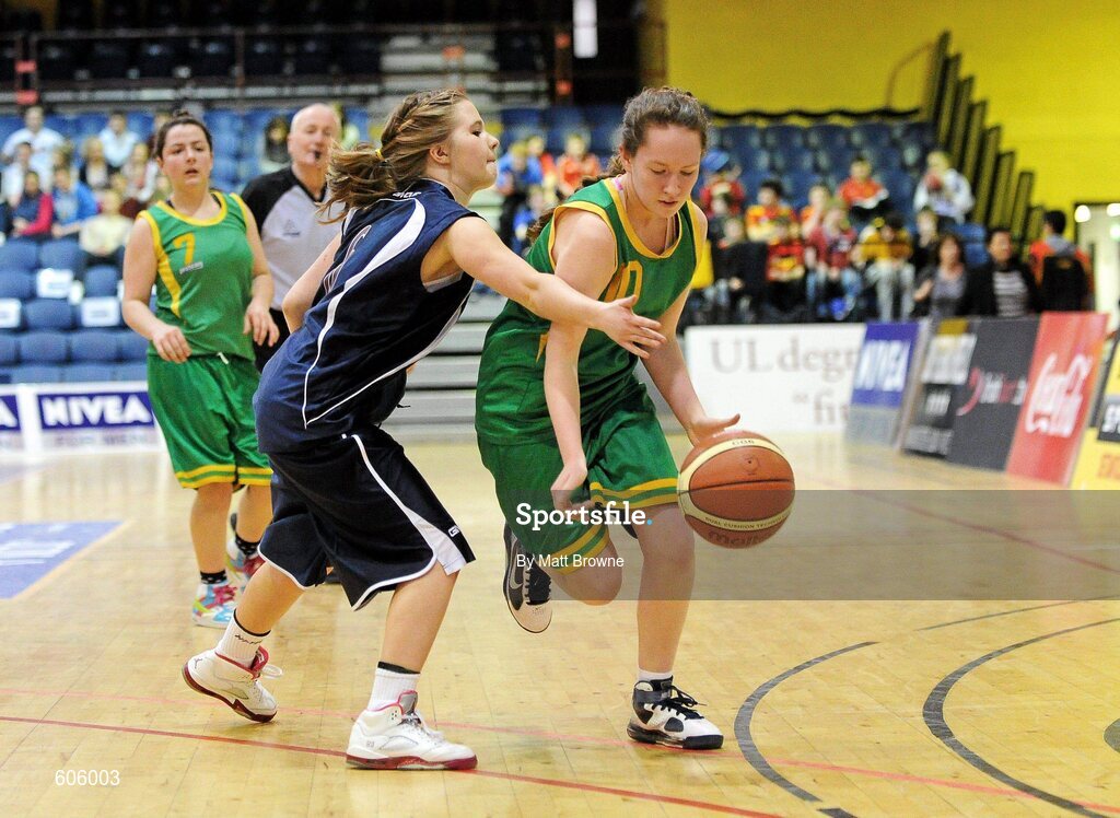 22 March 2012; Laura Hogan, Clonaslee Vocational School, in action against Joanne Madden-McKee, Aquinas Grammar. U16C Girls - All-Ireland Schools League Finals 2012, Aquinas Grammar, Belfast v Clonaslee Vocational School, Laois, National Basketball Arena, Tallaght, Dublin. Picture credit: Matt Browne / SPORTSFILE