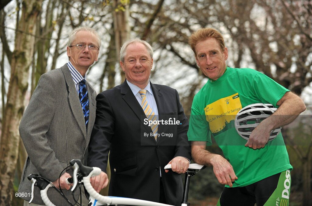 22 March 2012; Today the 2012 An Post Cycle Series in association with the Irish Sports Council was offically launched. In attendance at the launch are Chief Executive of the Irish Sports Council John Treacy, left, Minister of State for Tourism and Sport Michael Ring TD, centre, and An Post team manager Sean Kelly. Merrion Square Park, Dublin. Picture credit: Barry Cregg / SPORTSFILE