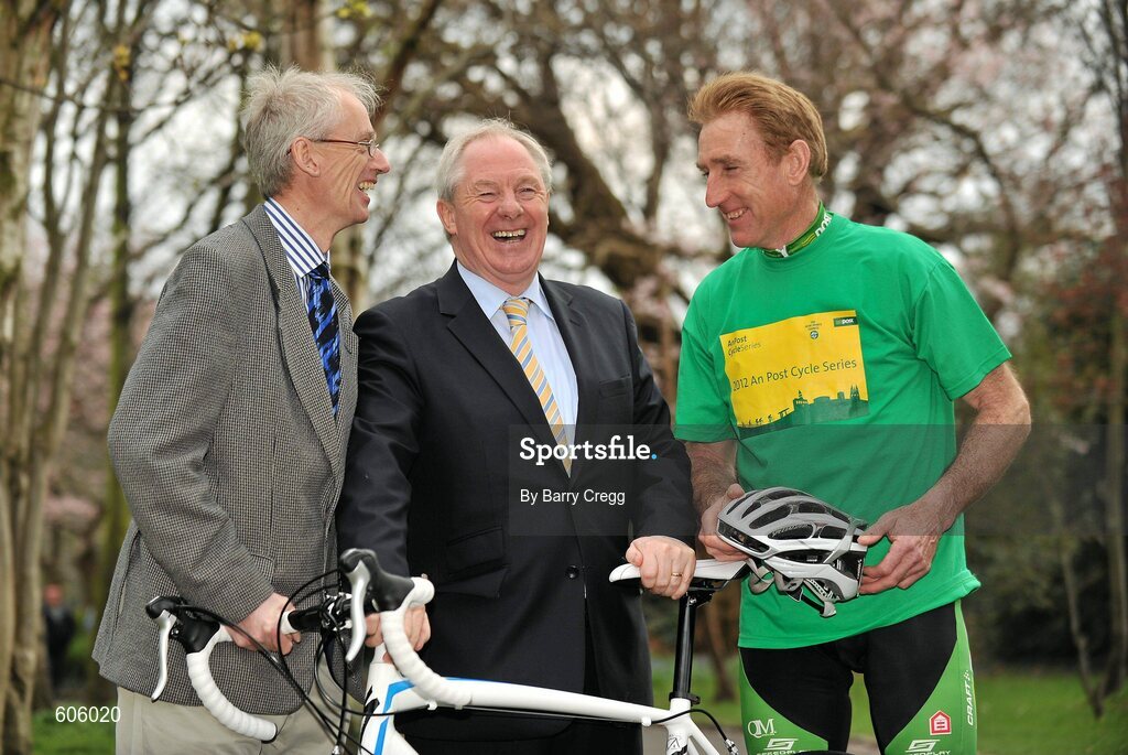 22 March 2012; Today the 2012 An Post Cycle Series in association with the Irish Sports Council was offically launched. In attendance at the launch are Chief Executive of the Irish Sports Council John Treacy, left, Minister of State for Tourism and Sport Michael Ring TD, centre, and An Post team manager Sean Kelly. Merrion Square Park, Dublin. Picture credit: Barry Cregg / SPORTSFILE