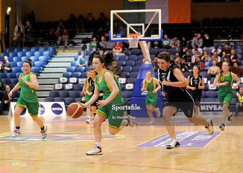 22 March 2012; Meaghan Dunne, Clonaslee Vocational School, in action against Aislinn McFarland, Aquinas Grammar. U16C Girls - All-Ireland Schools League Finals 2012, Aquinas Grammar, Belfast v Clonaslee Vocational School, Laois, National Basketball Arena, Tallaght, Dublin. Picture credit: Matt Browne / SPORTSFILE