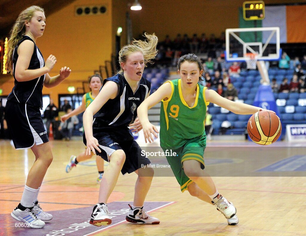 22 March 2012; Meaghan Dunne, Clonaslee Vocational School, in action against Laoise Carey, Aquinas Grammar. U16C Girls - All-Ireland Schools League Finals 2012, Aquinas Grammar, Belfast v Clonaslee Vocational School, Laois, National Basketball Arena, Tallaght, Dublin. Picture credit: Matt Browne / SPORTSFILE