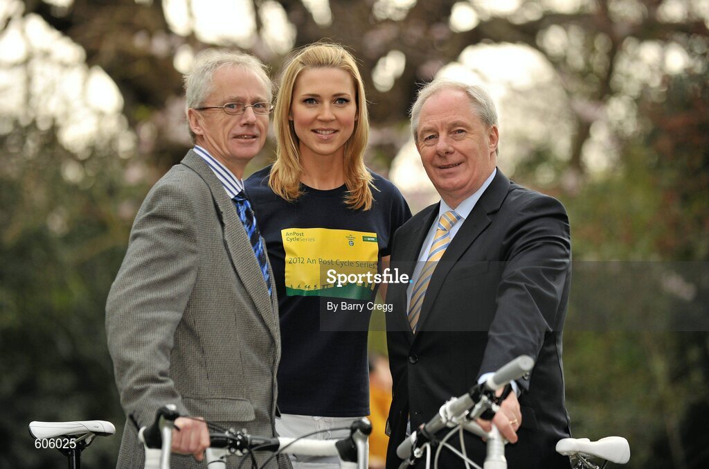 22 March 2012; Today the 2012 An Post Cycle Series in association with the Irish Sports Council was offically launched. In attendance at the launch are Minister of State for Tourism and Sport Michael Ring TD, right, model Sarah McGovern, and Chief Executive of the Irish Sports Council John Treacy. Merrion Square Park, Dublin. Picture credit: Barry Cregg / SPORTSFILE