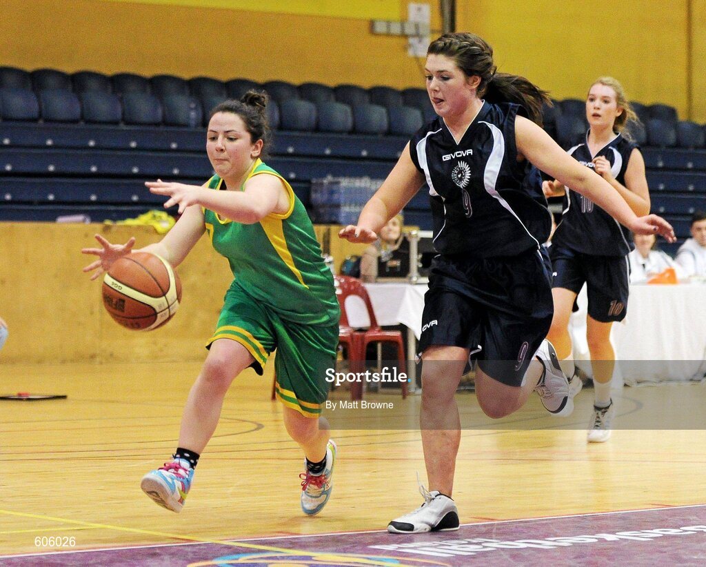 22 March 2012; Heather Conroy, Clonaslee Vocational School, in action against Aislinn McFarland, Aquinas Grammar. U16C Girls - All-Ireland Schools League Finals 2012, Aquinas Grammar, Belfast v Clonaslee Vocational School, Laois, National Basketball Arena, Tallaght, Dublin. Picture credit: Matt Browne / SPORTSFILE