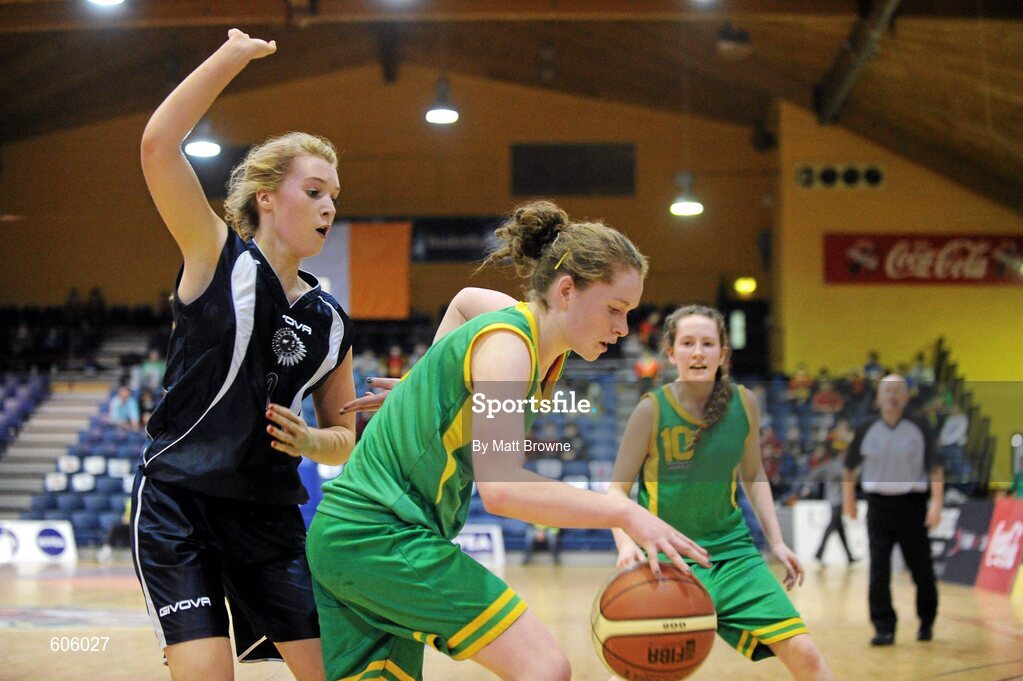 22 March 2012; Anne Hyland, Clonaslee Vocational School, in action against Olivia Boyle, Aquinas Grammar. U16C Girls - All-Ireland Schools League Finals 2012, Aquinas Grammar, Belfast v Clonaslee Vocational School, Laois, National Basketball Arena, Tallaght, Dublin. Picture credit: Matt Browne / SPORTSFILE