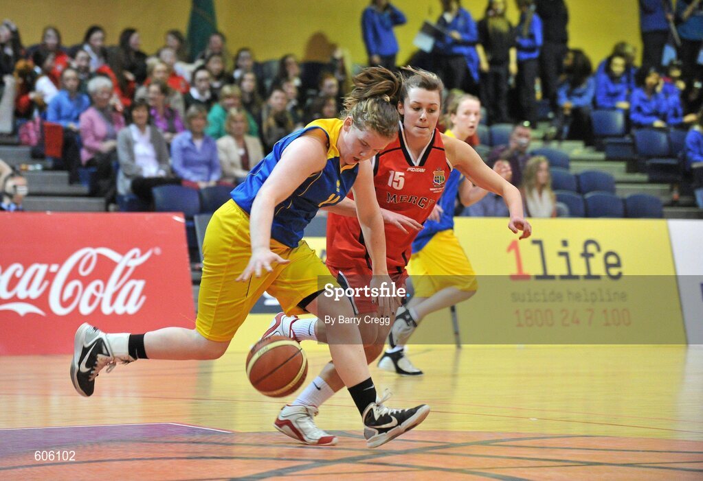 22 March 2012; Hannah McCarthy, Christ the King, in action against Sarah Fitzpatrick, Mercy Coolock. U16B Girls - All-Ireland Schools League Finals 2012, Mercy Coolock, Dublin v Christ the King, Cork, National Basketball Arena, Tallaght, Dublin. Picture credit: Barry Cregg / SPORTSFILE