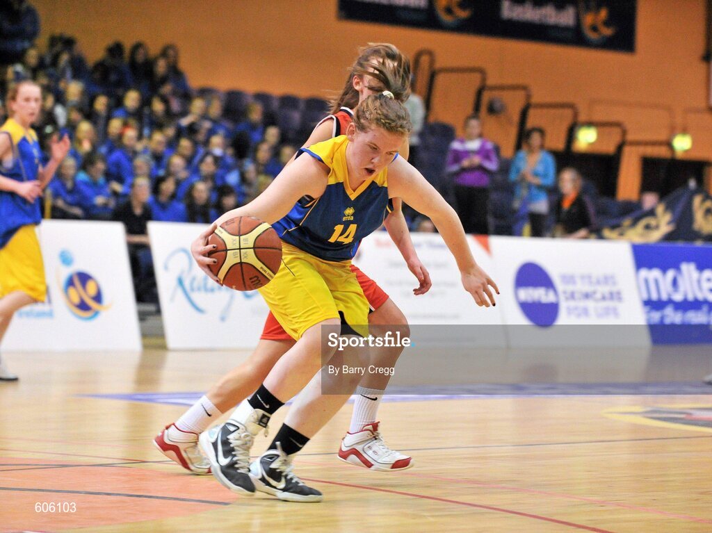 22 March 2012; Hannah McCarthy, Christ the King, in action against Sarah Fitzpatrick, Mercy Coolock. U16B Girls - All-Ireland Schools League Finals 2012, Mercy Coolock, Dublin v Christ the King, Cork, National Basketball Arena, Tallaght, Dublin. Picture credit: Barry Cregg / SPORTSFILE