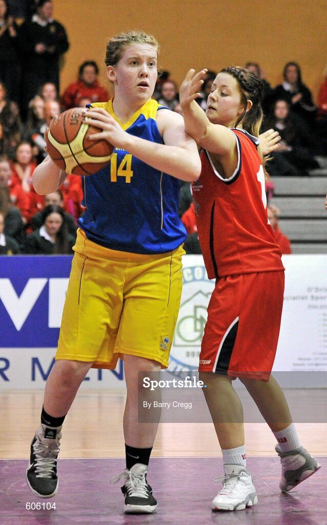 22 March 2012; Hannah McCarthy, Christ the King, in action against Lauren Hynes, Mercy Coolock. U16B Girls - All-Ireland Schools League Finals 2012, Mercy Coolock, Dublin v Christ the King, Cork, National Basketball Arena, Tallaght, Dublin. Picture credit: Barry Cregg / SPORTSFILE