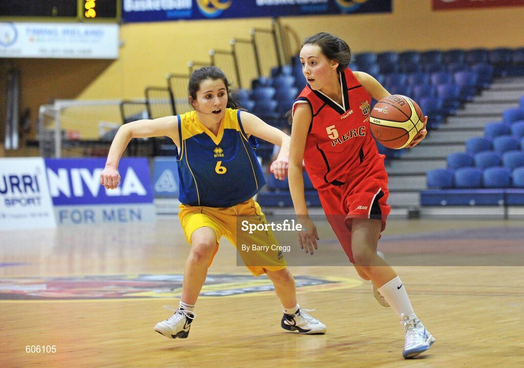 22 March 2012; Lynn Ryan, Mercy Coolock, in action against Ciara Murray, Christ the King. U16B Girls - All-Ireland Schools League Finals 2012, Mercy Coolock, Dublin v Christ the King, Cork, National Basketball Arena, Tallaght, Dublin. Picture credit: Barry Cregg / SPORTSFILE