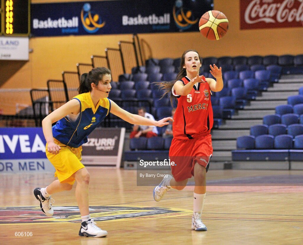 22 March 2012; Lynn Ryan, Mercy Coolock, in action against Ciara Murray, Christ the King. U16B Girls - All-Ireland Schools League Finals 2012, Mercy Coolock, Dublin v Christ the King, Cork, National Basketball Arena, Tallaght, Dublin. Picture credit: Barry Cregg / SPORTSFILE