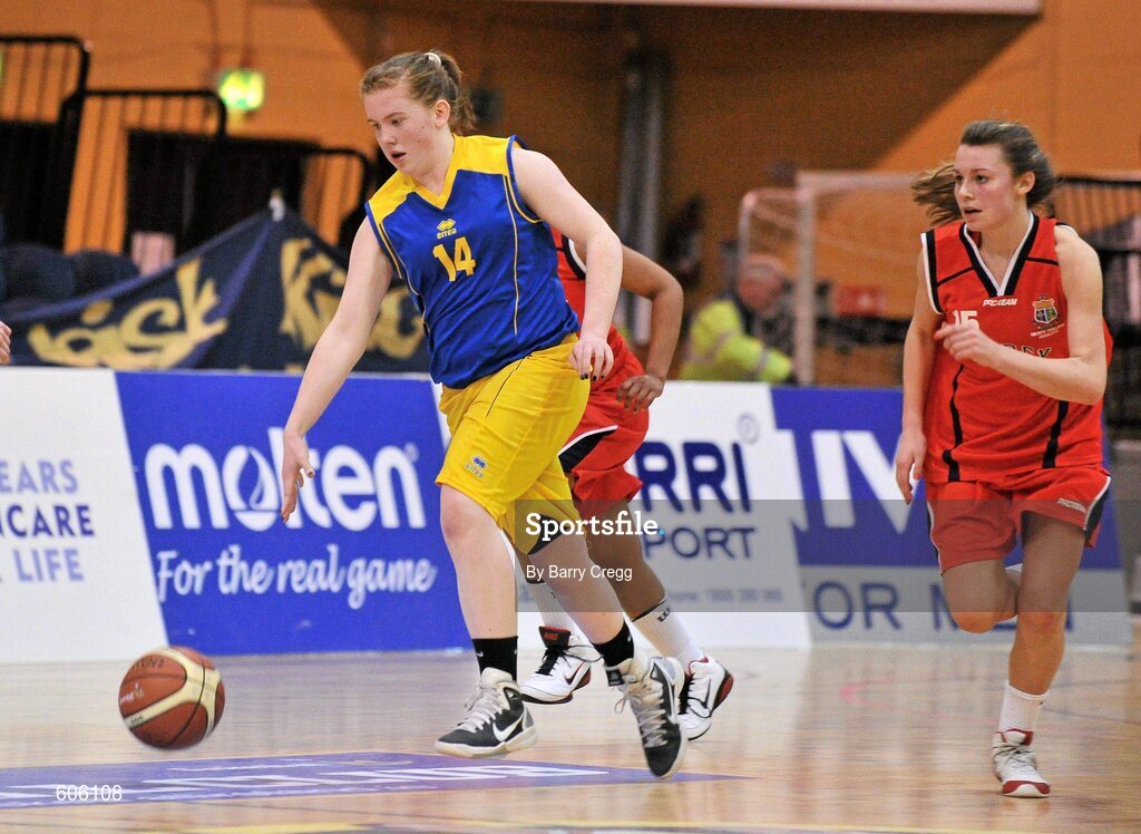 22 March 2012; Hannah McCarthy, Christ the King, in action against Sarah Fitzpatrick, Mercy Coolock. U16B Girls - All-Ireland Schools League Finals 2012, Mercy Coolock, Dublin v Christ the King, Cork, National Basketball Arena, Tallaght, Dublin. Picture credit: Barry Cregg / SPORTSFILE