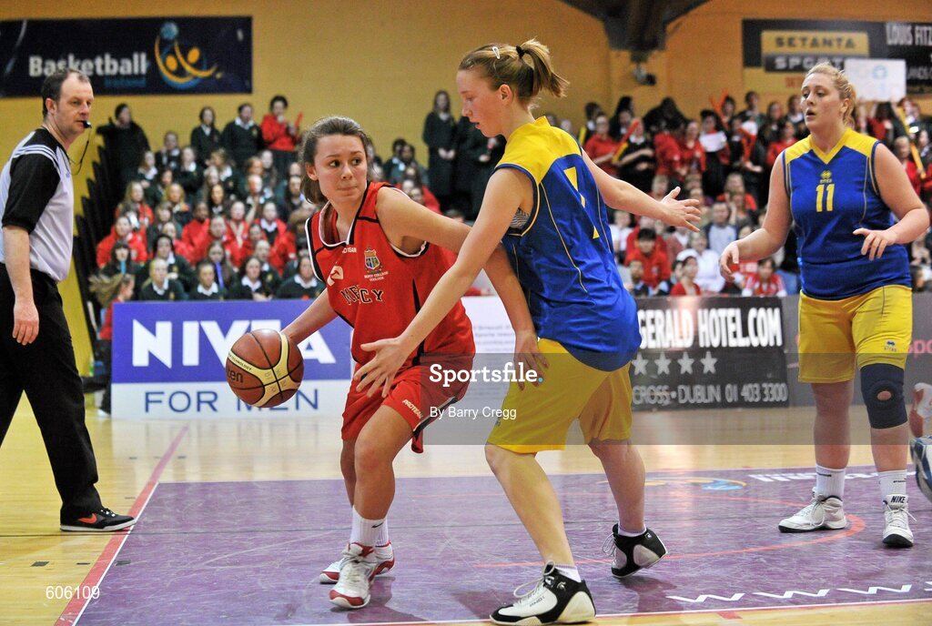22 March 2012; Sarah Fitzpatrick, Mercy Coolock, in action against Kate Lanagan, Christ the King. U16B Girls - All-Ireland Schools League Finals 2012, Mercy Coolock, Dublin v Christ the King, Cork, National Basketball Arena, Tallaght, Dublin. Picture credit: Barry Cregg / SPORTSFILE