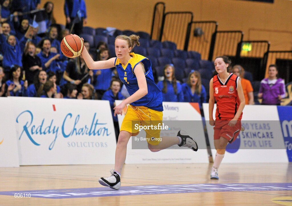 22 March 2012; Kate Lanaghan, Christ the King, in action against Lynn Ryan, Mercy Coolock. U16B Girls - All-Ireland Schools League Finals 2012, Mercy Coolock, Dublin v Christ the King, Cork, National Basketball Arena, Tallaght, Dublin. Picture credit: Barry Cregg / SPORTSFILE