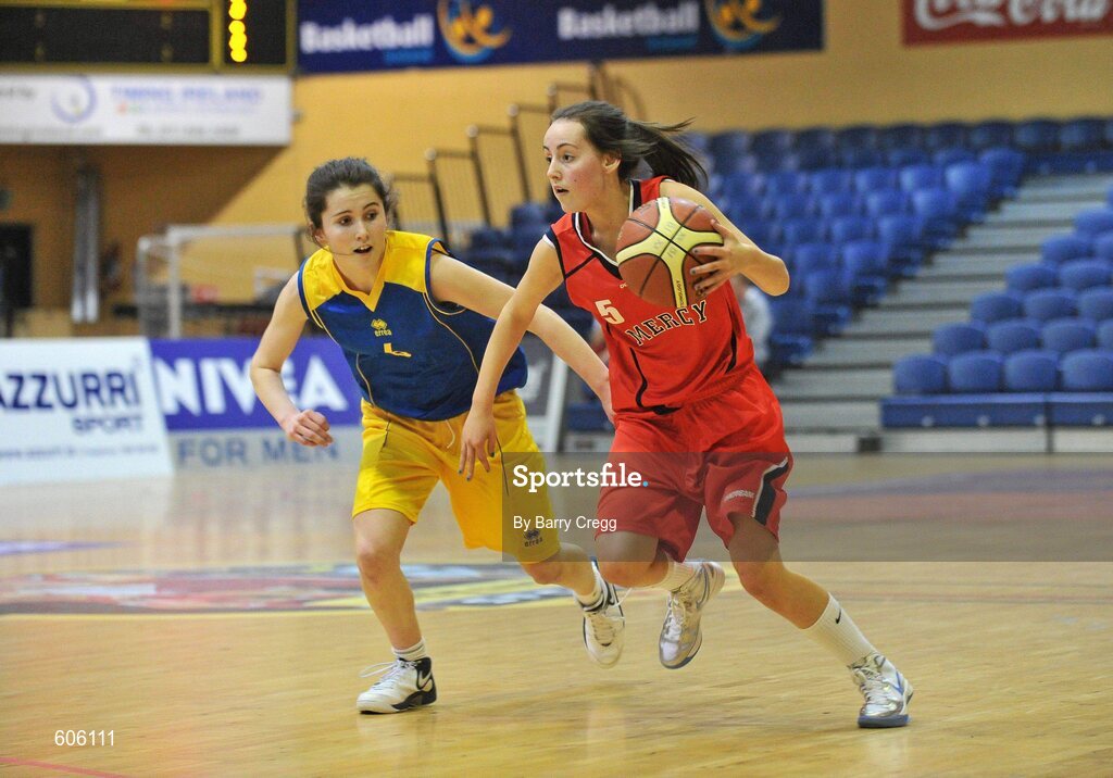 22 March 2012; Lynn Ryan, Mercy Coolock, in action against Ciara Murray, Christ the King. U16B Girls - All-Ireland Schools League Finals 2012, Mercy Coolock, Dublin v Christ the King, Cork, National Basketball Arena, Tallaght, Dublin. Picture credit: Barry Cregg / SPORTSFILE