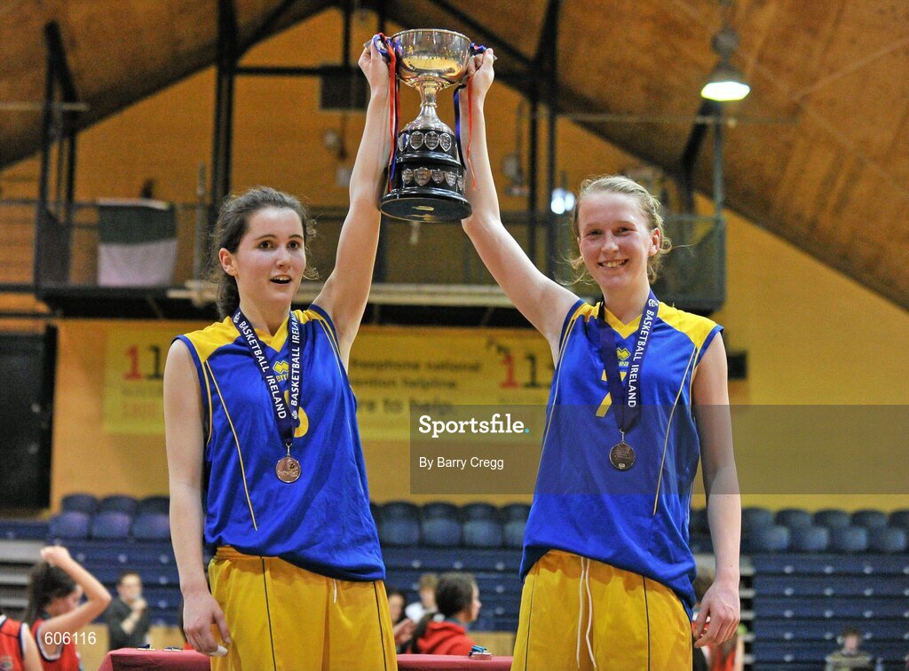 22 March 2012; Joint Christ the King captains Ciara Murray, left, and Kate Lanaghan lift the cup. U16B Girls - All-Ireland Schools League Finals 2012, Mercy Coolock, Dublin v Christ the King, Cork, National Basketball Arena, Tallaght, Dublin. Picture credit: Barry Cregg / SPORTSFILE