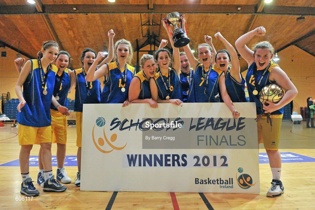 22 March 2012; The Christ the King players celebrate with the cup after the game. U16B Girls - All-Ireland Schools League Finals 2012, Mercy Coolock, Dublin v Christ the King, Cork, National Basketball Arena, Tallaght, Dublin. Picture credit: Barry Cregg / SPORTSFILE