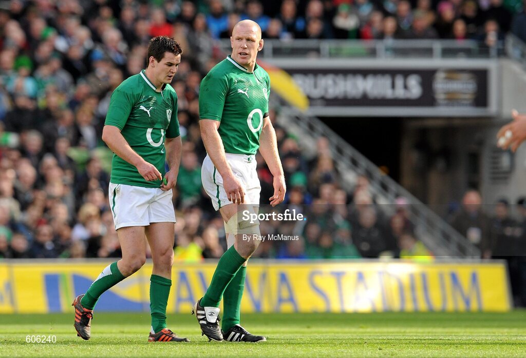 25 February 2012; Jonathan Sexton and Paul O'Connell, Ireland, in conversation during the game. RBS Six Nations Rugby Championship, Ireland v Italy, Aviva Stadium, Lansdowne Road, Dublin. Picture credit: Ray McManus / SPORTSFILE