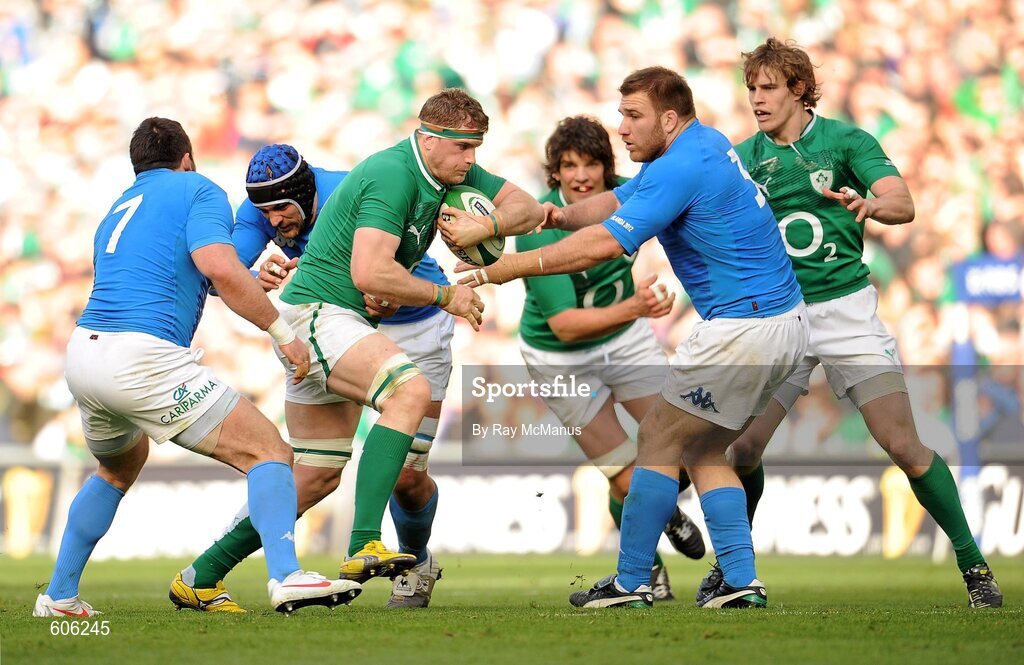 25 February 2012; Jamie Heaslip, Ireland, breaks his way through the Italian defence. RBS Six Nations Rugby Championship, Ireland v Italy, Aviva Stadium, Lansdowne Road, Dublin. Picture credit: Ray McManus / SPORTSFILE