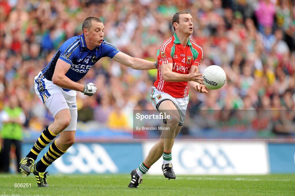 21 August 2011; Keith Higgins, Mayo, in action against Kieran Donaghy, Kerry. GAA Football All-Ireland Senior Championship Semi-Final, Mayo v Kerry, Croke Park, Dublin. Picture credit: Brendan Moran / SPORTSFILE