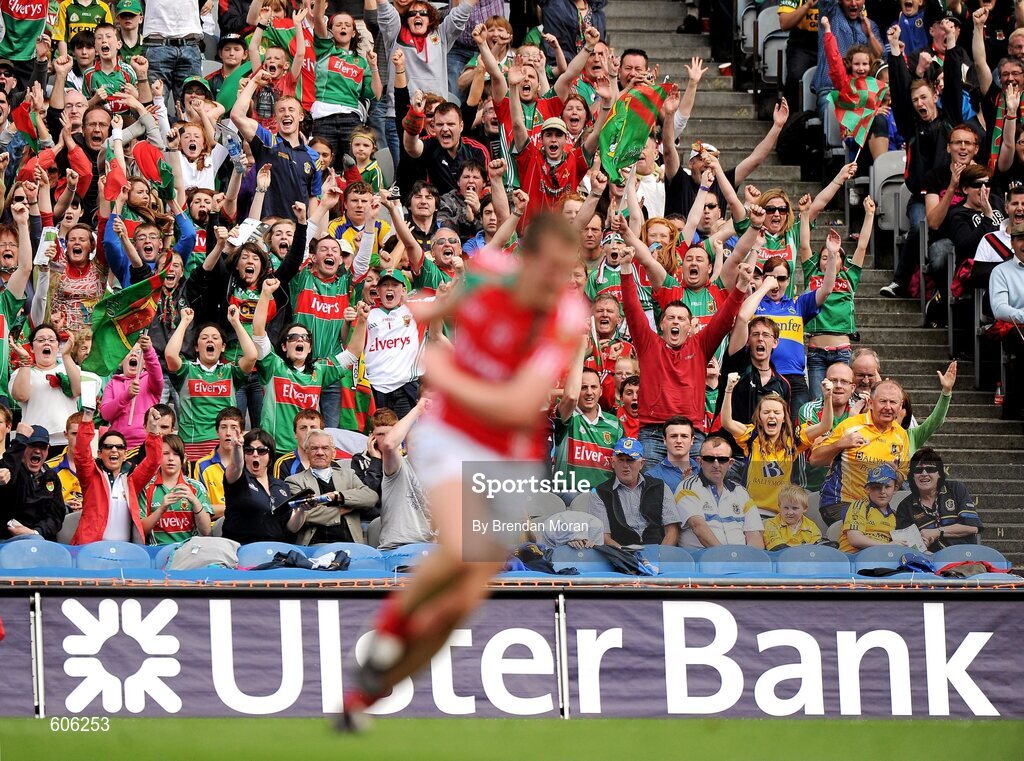 21 August 2011; Mayo supporters cheer on their side during the game. GAA Football All-Ireland Senior Championship Semi-Final, Mayo v Kerry, Croke Park, Dublin. Picture credit: Brendan Moran / SPORTSFILE