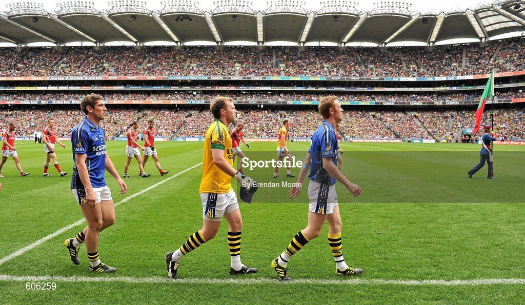 21 August 2011; Kerry captain Colm Cooper leads his side, including team-mates Brendan Kealy and Killian Young, in the pre-match parade before the game. GAA Football All-Ireland Senior Championship Semi-Final, Mayo v Kerry, Croke Park, Dublin. Picture credit: Brendan Moran / SPORTSFILE