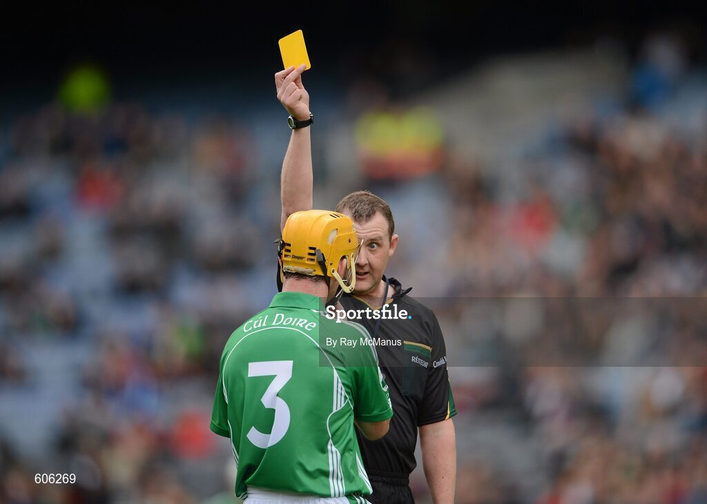 17 March 2012; Referee Alan kelly issues a 'yellow card' to Coolderry's Kevin Brady. AIB GAA Hurling All-Ireland Senior Club Championship Final, Coolderry, Offaly, v Loughgiel Shamrocks, Antrim, Croke Park, Dublin. Picture credit: Ray McManus / SPORTSFILE