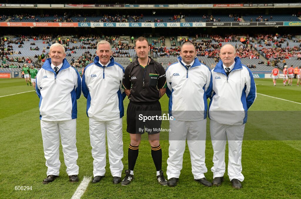 17 March 2012; Referee John Kelly and his umpires, left to right, Mike Mackey, Morgan Darcy, Padraic Connolly and Ollie King. AIB GAA Hurling All-Ireland Senior Club Championship Final, Coolderry, Offaly, v Loughgiel Shamrocks, Antrim, Croke Park, Dublin. Picture credit: Ray McManus / SPORTSFILE