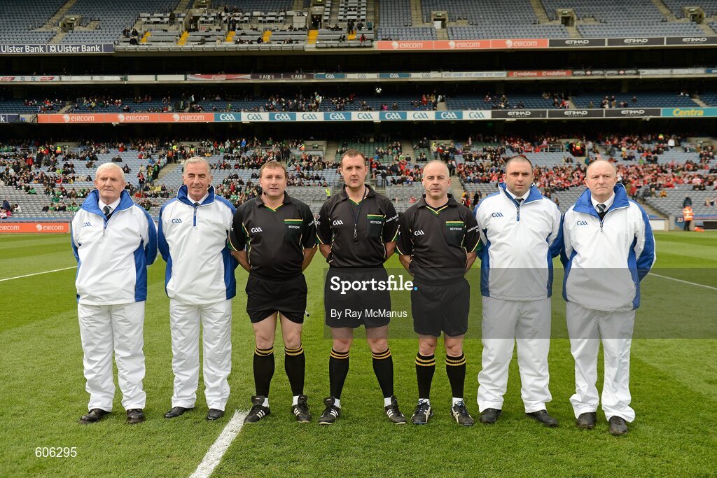 17 March 2012; Referee John Kelly with his linesmen Michael Wadding, 3rd from left, and John Sexton, 3rd from right, and umpires, left to right, Mike Mackey, Morgan Darcy, Padraic Connolly and Ollie King. AIB GAA Hurling All-Ireland Senior Club Championship Final, Coolderry, Offaly, v Loughgiel Shamrocks, Antrim, Croke Park, Dublin. Picture credit: Ray McManus / SPORTSFILE